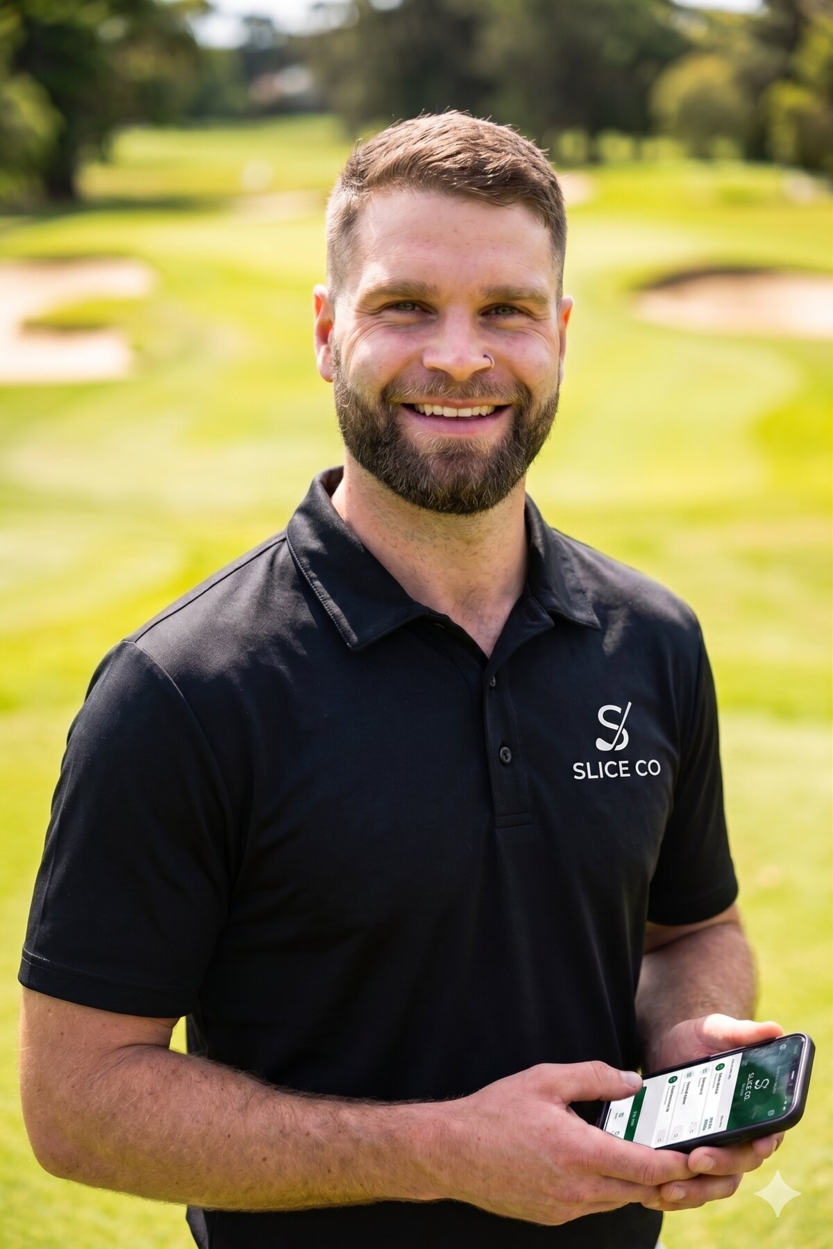 Lockie 'Duck' Horking, founder of SliceCo, on a Melbourne golf course holding the SliceCo app